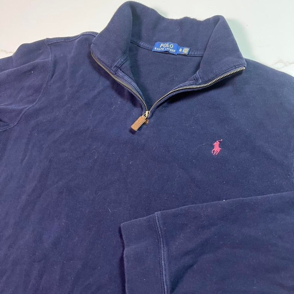 Polo Ralph Lauren Quarter Zip Pullover Mens XL Navy Blue Red Pony Logo Ribbed